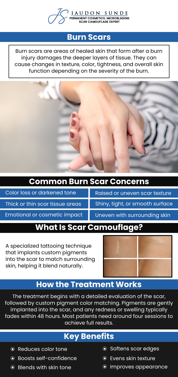 Burn Scar Camouflaging is effective for burns, bruises, and wounds. This new technique is now available at Jaudon Sunde Permanent Makeup Clinic. Jaudon Sunde has been working in the field of cosmetic for 25 years. She has influenced many women such as Real Estate Mogul and Author Barbara Corcoran , Barbara Dow/Dow Chemical Corporation, Serita Jakes/Woman to Woman Ministries and wife of Bishop T.D. Jakes, as well as the late Randi J. Paltrow, Director of National Relations with Patient Services Inc. and Aunt of actress Gwyneth Paltrow. For more information about burn scar camouflage treatment, contact us or request an appointment online. We are located at 18820 E. Bagley Rd.#1 Middleburg Heights, OH 44130. Burn Scar Camouflaging is effective for burns, bruises, and wounds. This new technique is now available at Jaudon Sunde Permanent Makeup Clinic. Jaudon Sunde has been working in the field of cosmetic for 25 years. She has influenced many women such as Real Estate Mogul and Author Barbara Corcoran , Barbara Dow/Dow Chemical Corporation, Serita Jakes/Woman to Woman Ministries and wife of Bishop T.D. Jakes, as well as the late Randi J. Paltrow, Director of National Relations with Patient Services Inc. and Aunt of actress Gwyneth Paltrow. For more information about burn scar camouflage treatment, contact us or request an appointment online. We are located at 18820 E. Bagley Rd.#1 Middleburg Heights, OH 44130.