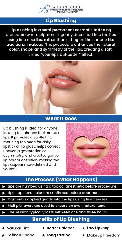 Lip blushing is a permanent lip tattoo that enhances the lip color and liberates you from the hassle of putting in perfect lipstick. A permanent lip blushing procedure is available at Jaudon Sunde Permanent Makeup Clinic where Jaudon Sunde-C.P.C.T. is offering permanent makeup services. She has 25 years of experience in the beauty industry with skills that are well known to the world. For more information Contact us today or Book an appointment! We are located at 18820 E. Bagley Rd.#1 Middleburg Heights, Ohio 44130.