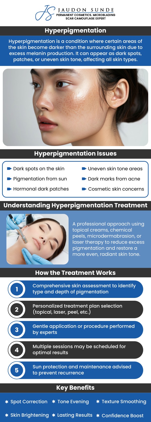 Hyperpigmentation refers to the darkening of the skin caused by an excess production of melanin. It can occur due to various factors, including sun exposure, hormonal changes, or skin injuries. With these specialized treatments, hyperpigmentation can be reduced or eliminated, restoring a brighter, more uniform complexion. Jaudon Sunde, C.P.C.T/ L.M.T/ P.L., specializes in treating hyperpigmentation through personalized skin color correction procedures. Contact us or request an appointment online. We are located at 18820 E. Bagley Rd.#1, Middleburg Heights, OH 44130.