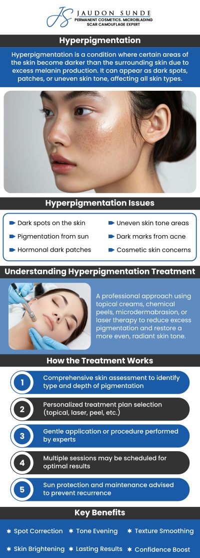 Hyperpigmentation refers to the darkening of the skin caused by an excess production of melanin. It can occur due to various factors, including sun exposure, hormonal changes, or skin injuries. With these specialized treatments, hyperpigmentation can be reduced or eliminated, restoring a brighter, more uniform complexion. Jaudon Sunde, C.P.C.T/ L.M.T/ P.L., specializes in treating hyperpigmentation through personalized skin color correction procedures. Contact us or request an appointment online. We are located at 18820 E. Bagley Rd.#1, Middleburg Heights, OH 44130.
